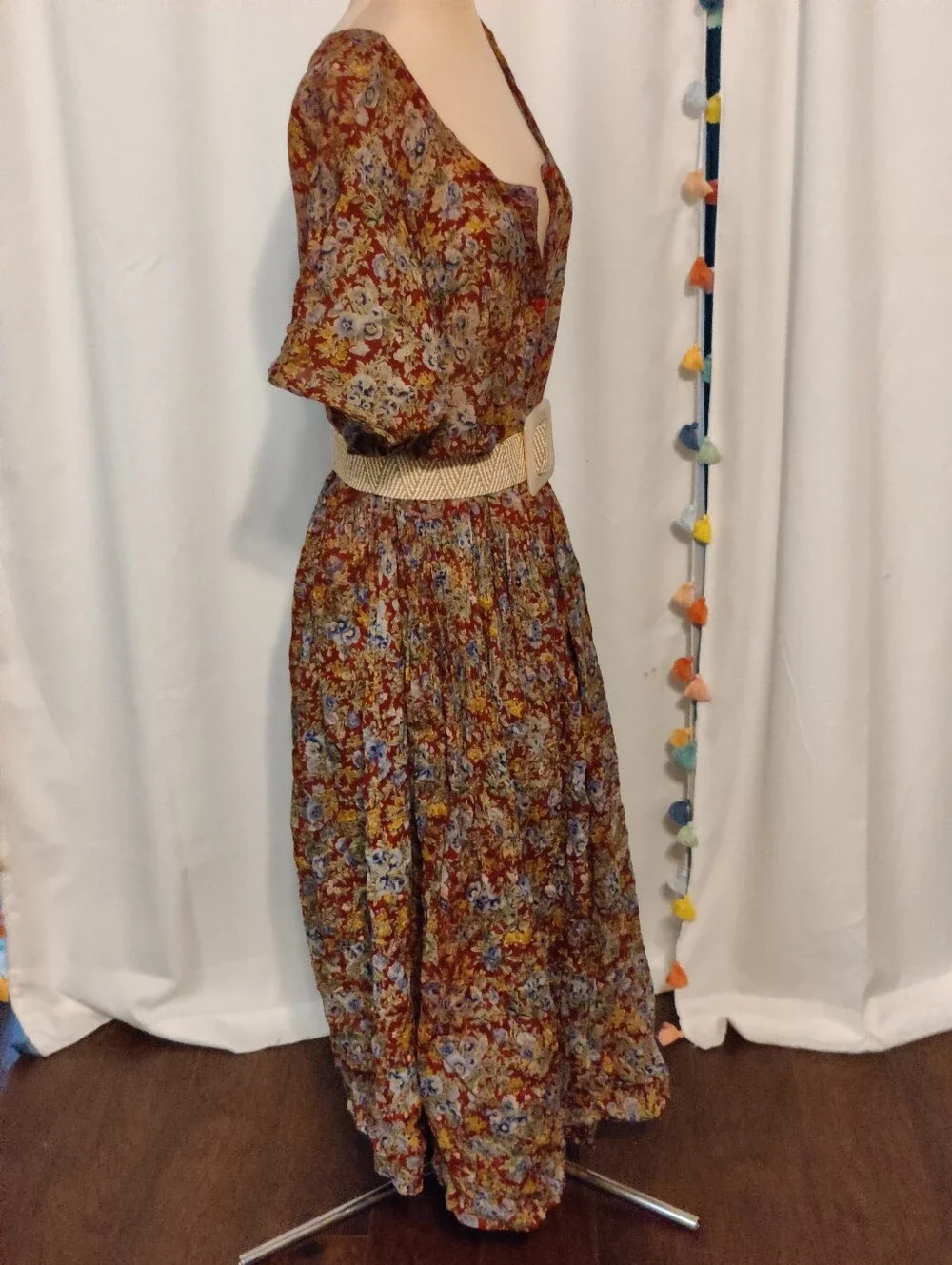 Vintage India Gauze Floral Paperthin Colorblock Maxi Dress Layering Piece LG_6